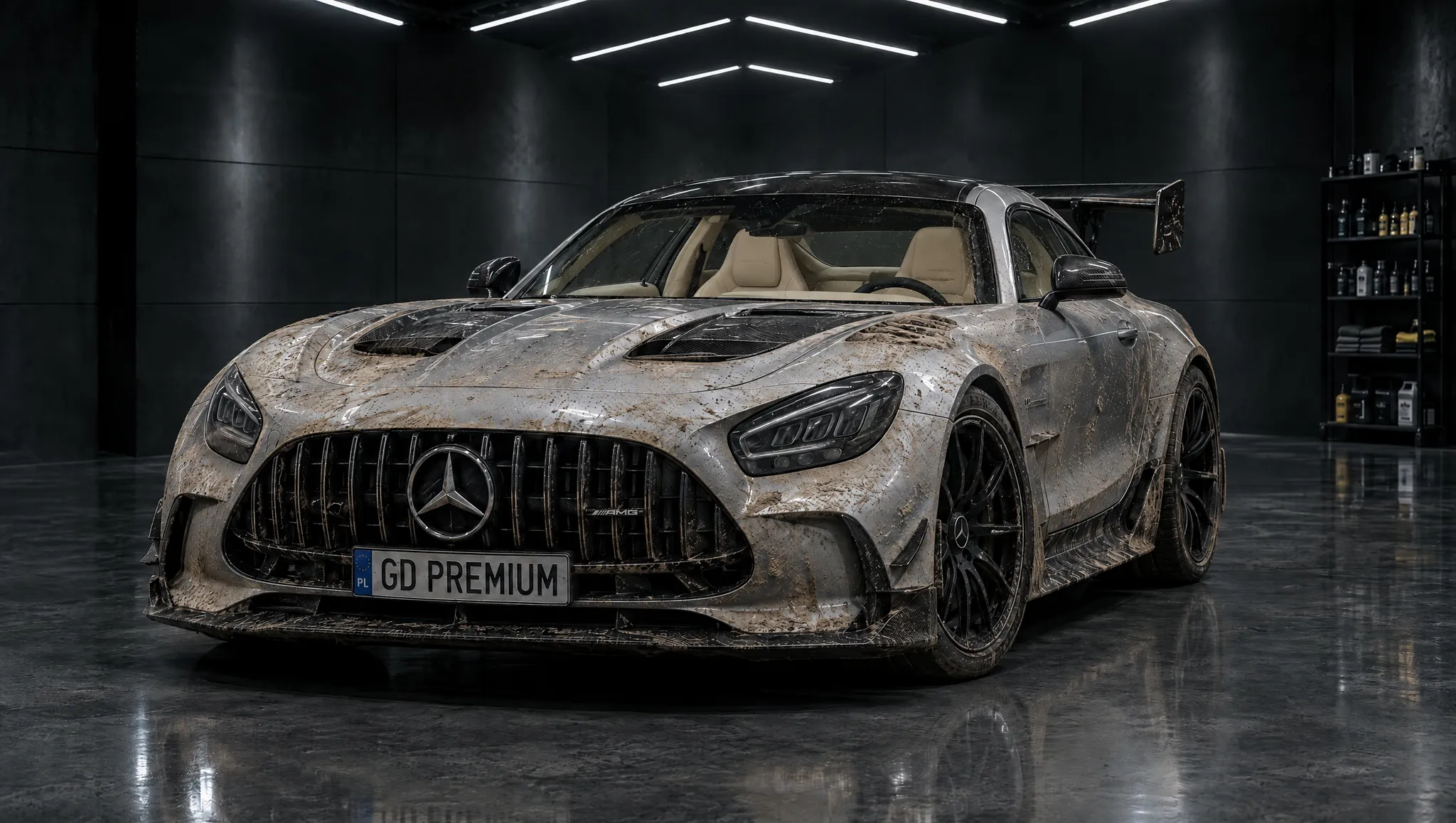 Mercedes-AMG GT Black Series pokryty zaschniętym błotem w ciemnym studiu detailingu, pod sufitem ukośne listwy LED