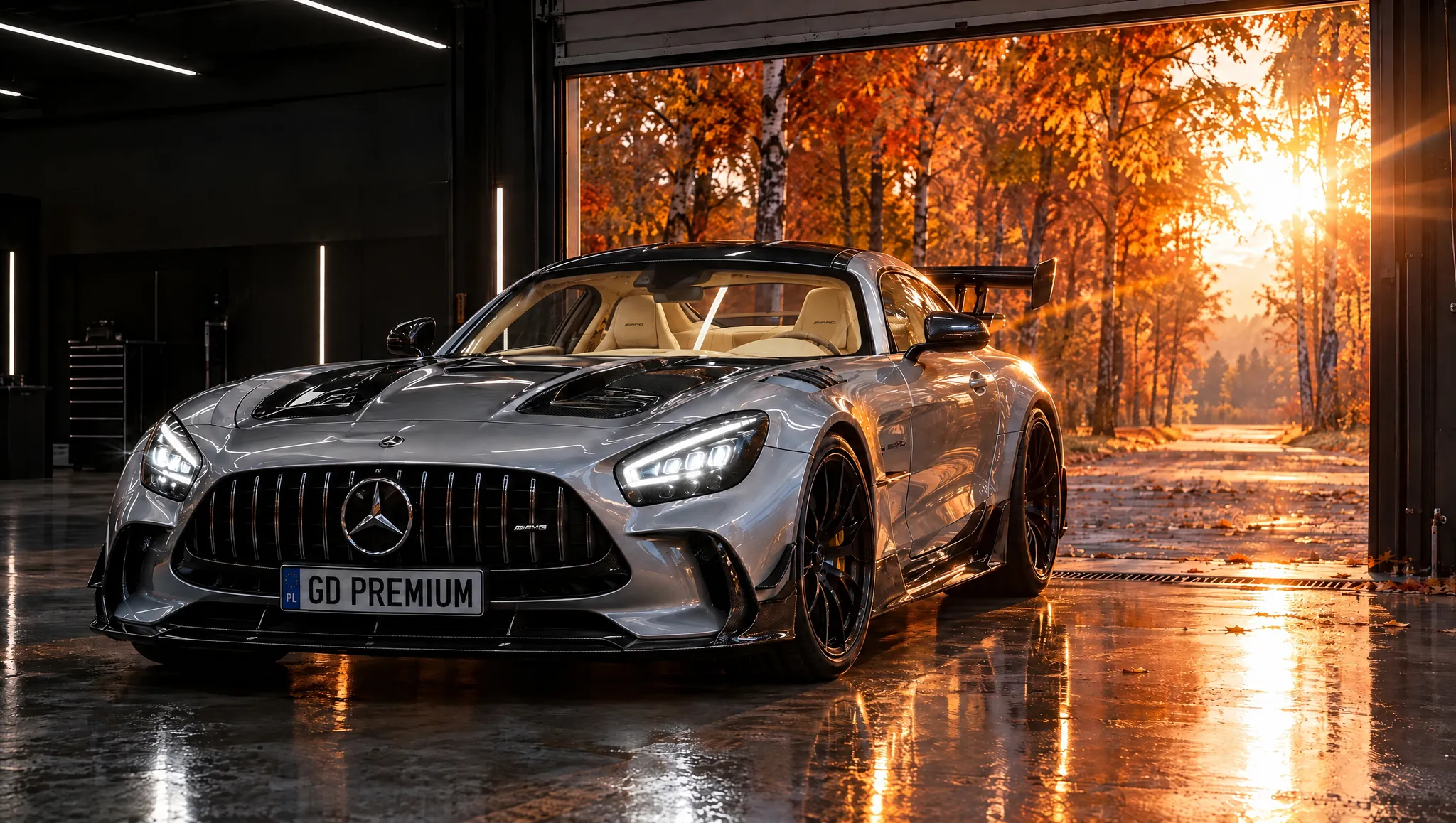 Srebrny AMG GT wyjeżdża z garażu detailingowego, za bramą złota jesień o zachodzie słońca